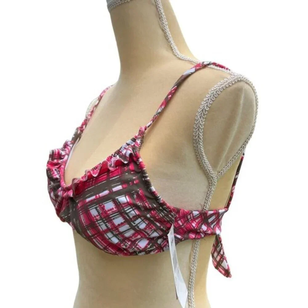 RAISINS Girl's Ruffle Swim Bikini Top Size M Plaid Pink,‎ Brown, White